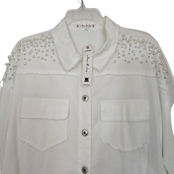 Willow & Clay Tops - NWT Willow & Clay White Pearl Ebellished Denim Shirt Shacket LS Size Small